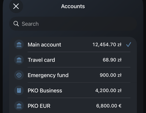 The Atria account switcher, listing everyday, savings and business accounts in złoty and euro