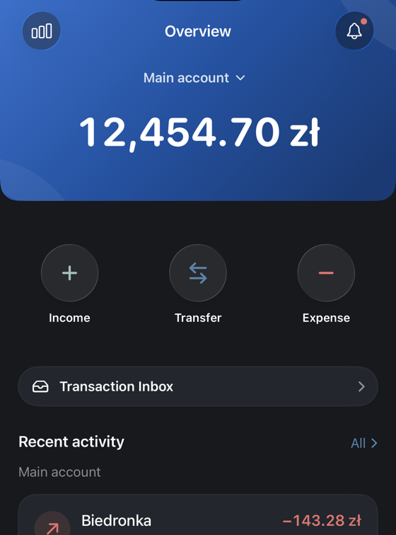 The Atria Overview screen on iPhone, showing a 12,454.70 zł balance above a list of recent transactions